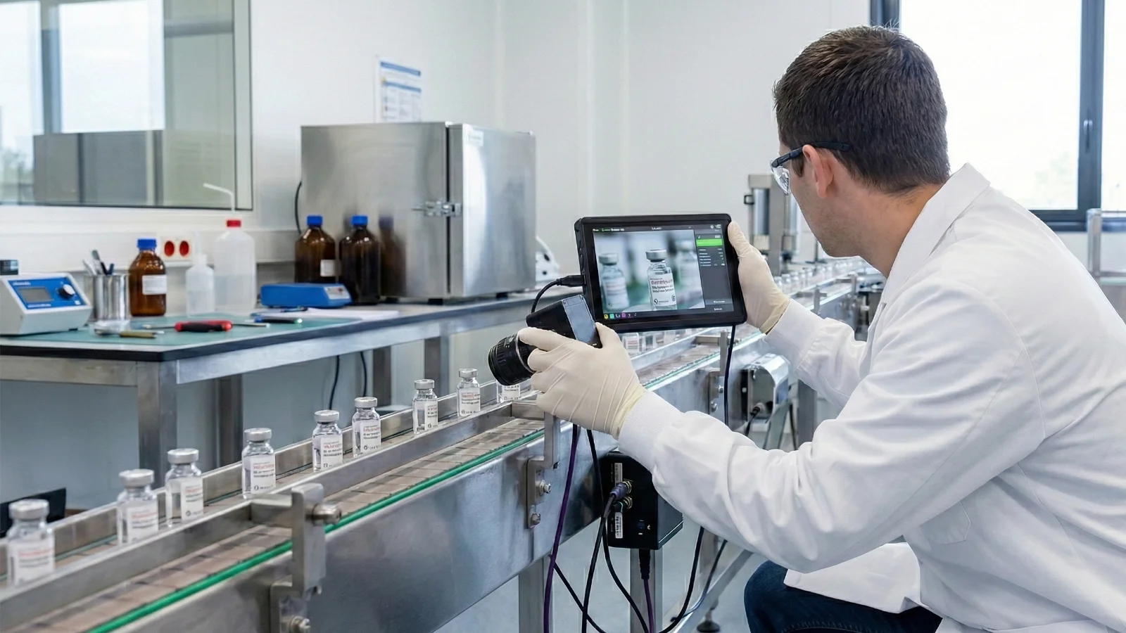 test et paramétrage caméra de vision sur flacons